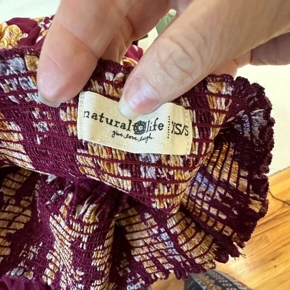 Natural Life Meadow Maroon Gold Tan Floral Smocked Waist Midi Skirt XS / S - Picture 11 of 13
